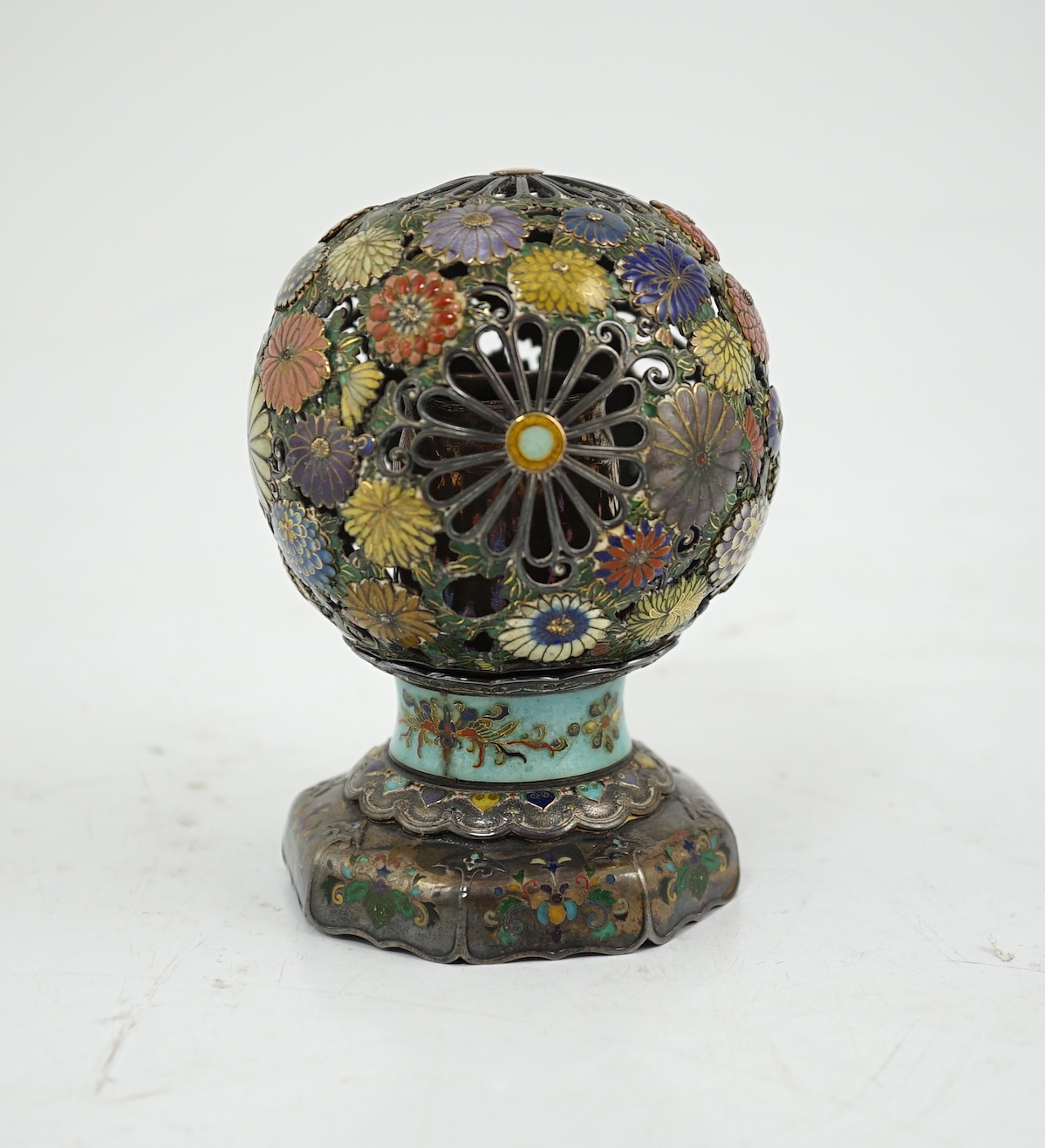 A Japanese silver and enamel globe-shaped koro and cover, Meiji period, some damage